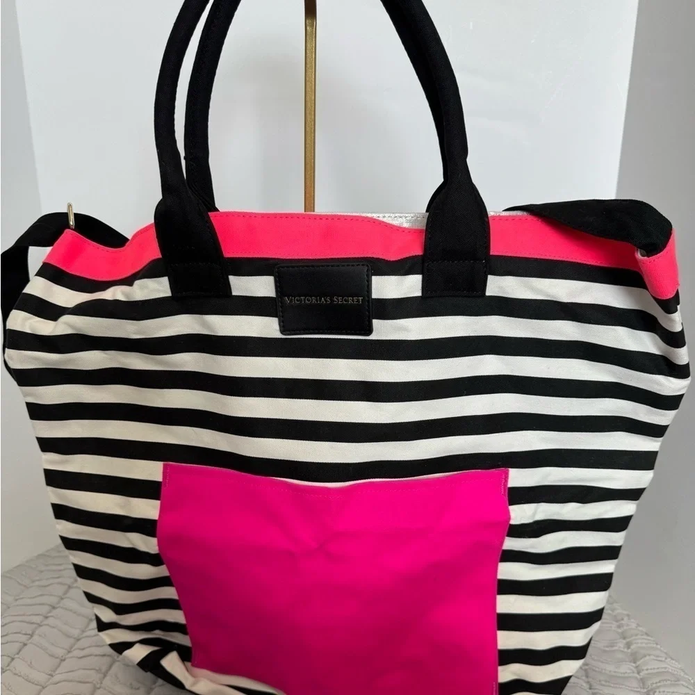 VICTORIA'S SECRET Striped Tote Bag Black White Pink Limited edition